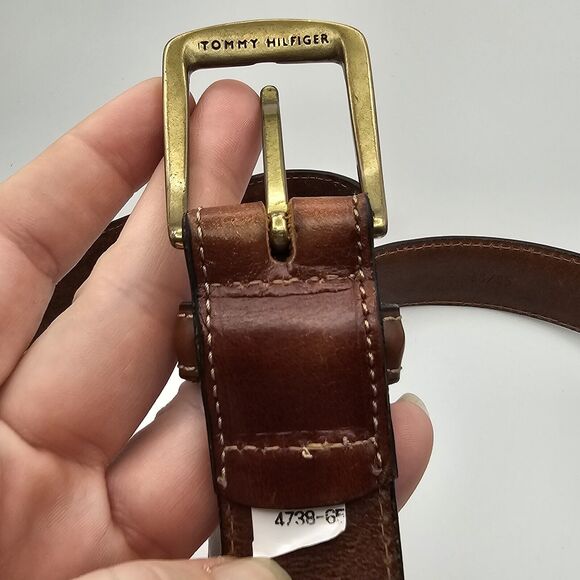 Tommy Hilfiger Leather Belt & Brass Buckle 38  1-1/8" Thick  4738-65 TINY FLAW - Picture 5 of 8